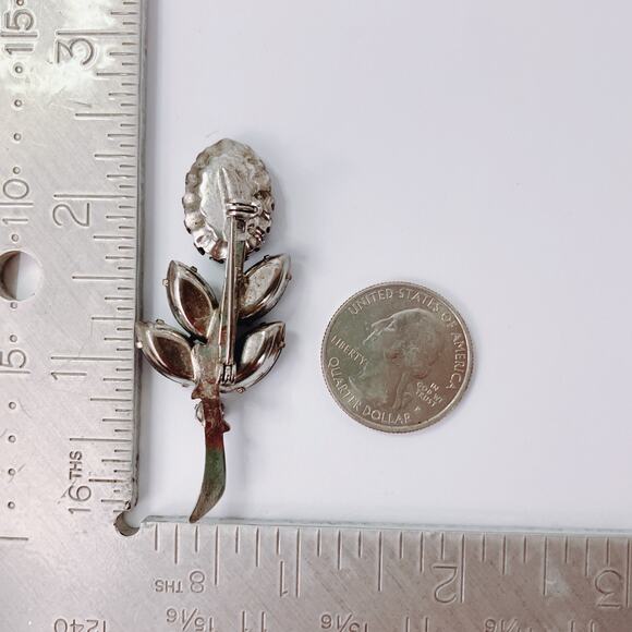 Vintage 1960s Mourning Style Brooch Smoky Rhinestones Floral Silver Tone Pin - Picture 10 of 10